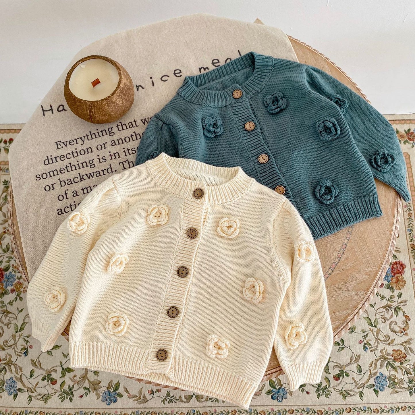 Floral Knit Baby Girl Cardigan - Beige