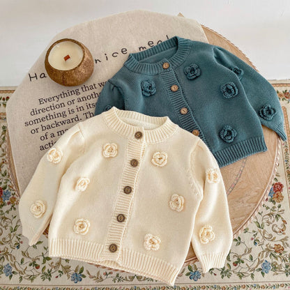 Floral Knit Baby Girl Cardigan - Beige