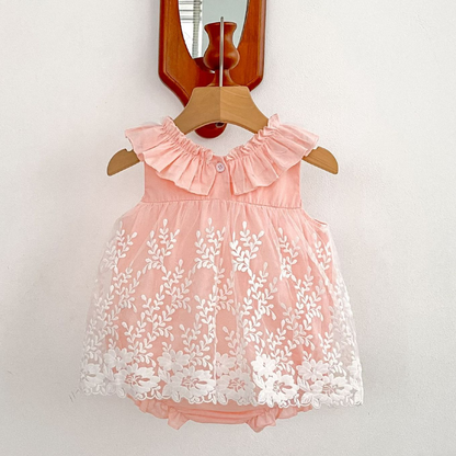 Floral Lace Romper Dress - Pink