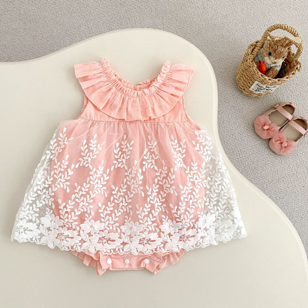 Floral Lace Romper Dress - Pink