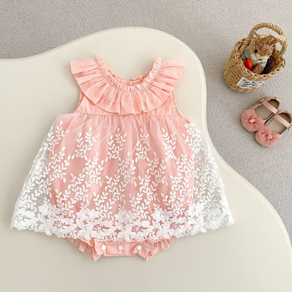 Floral Lace Romper Dress - Pink
