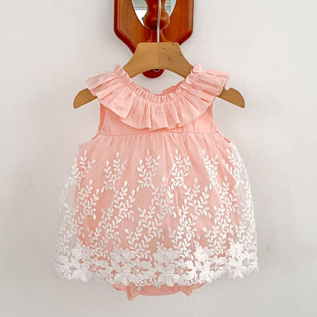 Floral Lace Romper Dress - Pink