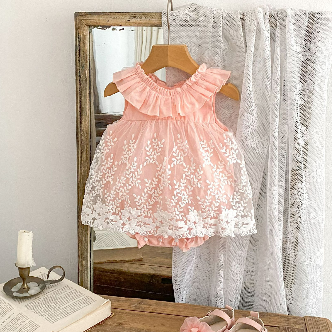 Floral Lace Romper Dress - Pink