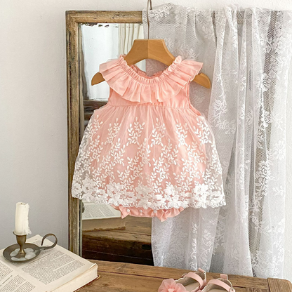 Floral Lace Romper Dress - Pink
