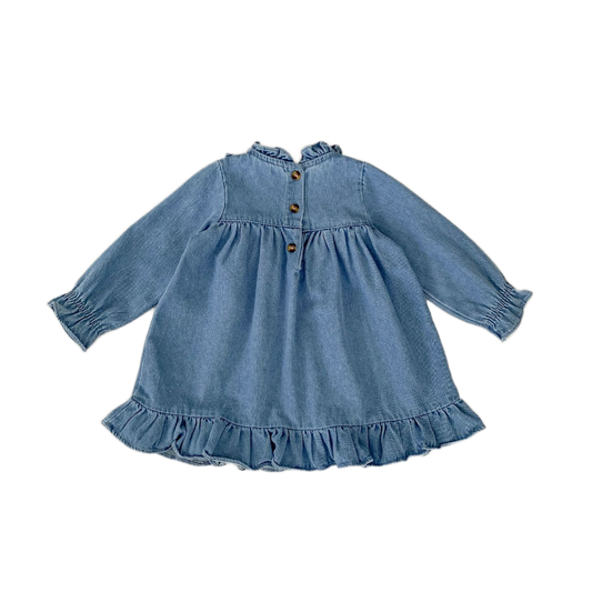 Floral Ruffle Denim Dress - Blue