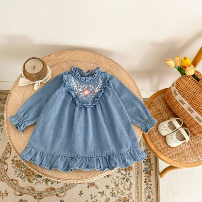 Floral Ruffle Denim Dress - Blue