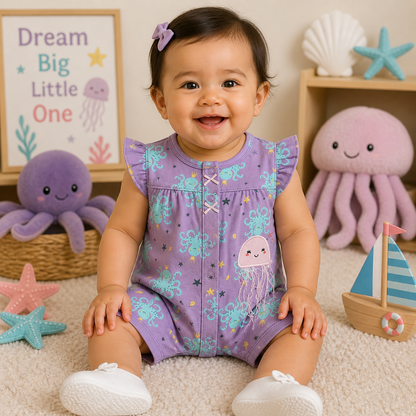 Toddler girl wearing a purple ocean print romper from Lullaby Threads, sitting in a sea-themed nursery with octopus toys, starfish decor, and soft pastel accessories.