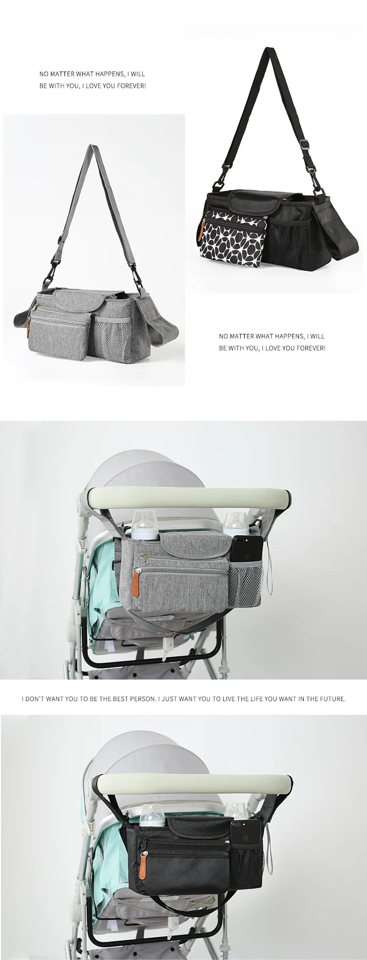 Gray stroller with attached bags on a white background