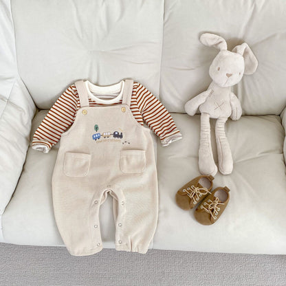 Embroidered Train Design Sleeveless Jumpsuit – Beige