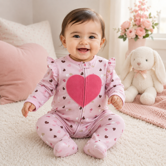 Baby girl wearing a pink heart-print footed romper from Lullaby Threads while sitting in a soft pastel nursery with plush toys and cosy décor.