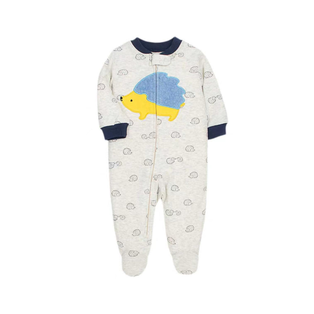 Children's onesie with hedgehog design on a white background
