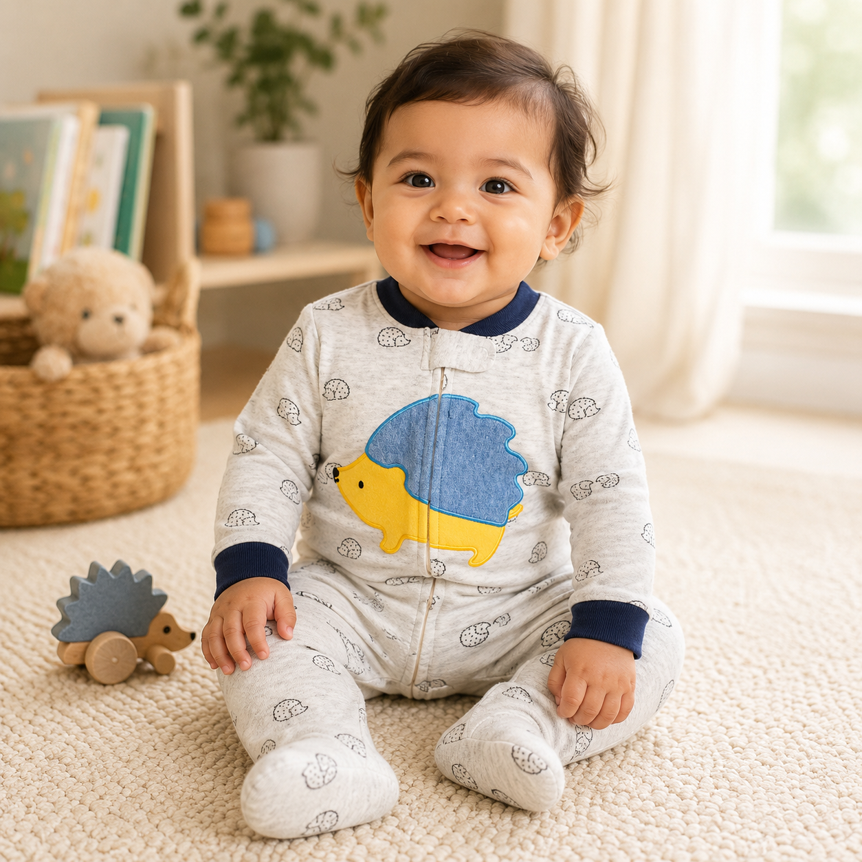 Smiling baby wearing a grey hedgehog footed sleeper from Lullaby Threads while sitting in a cozy woodland-inspired nursery with soft natural lighting.
