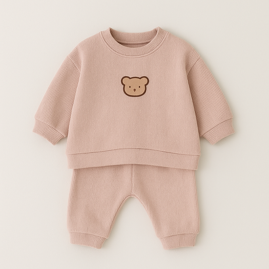 Pullover Baby Tracksuit with Bear Embroidery - Pink