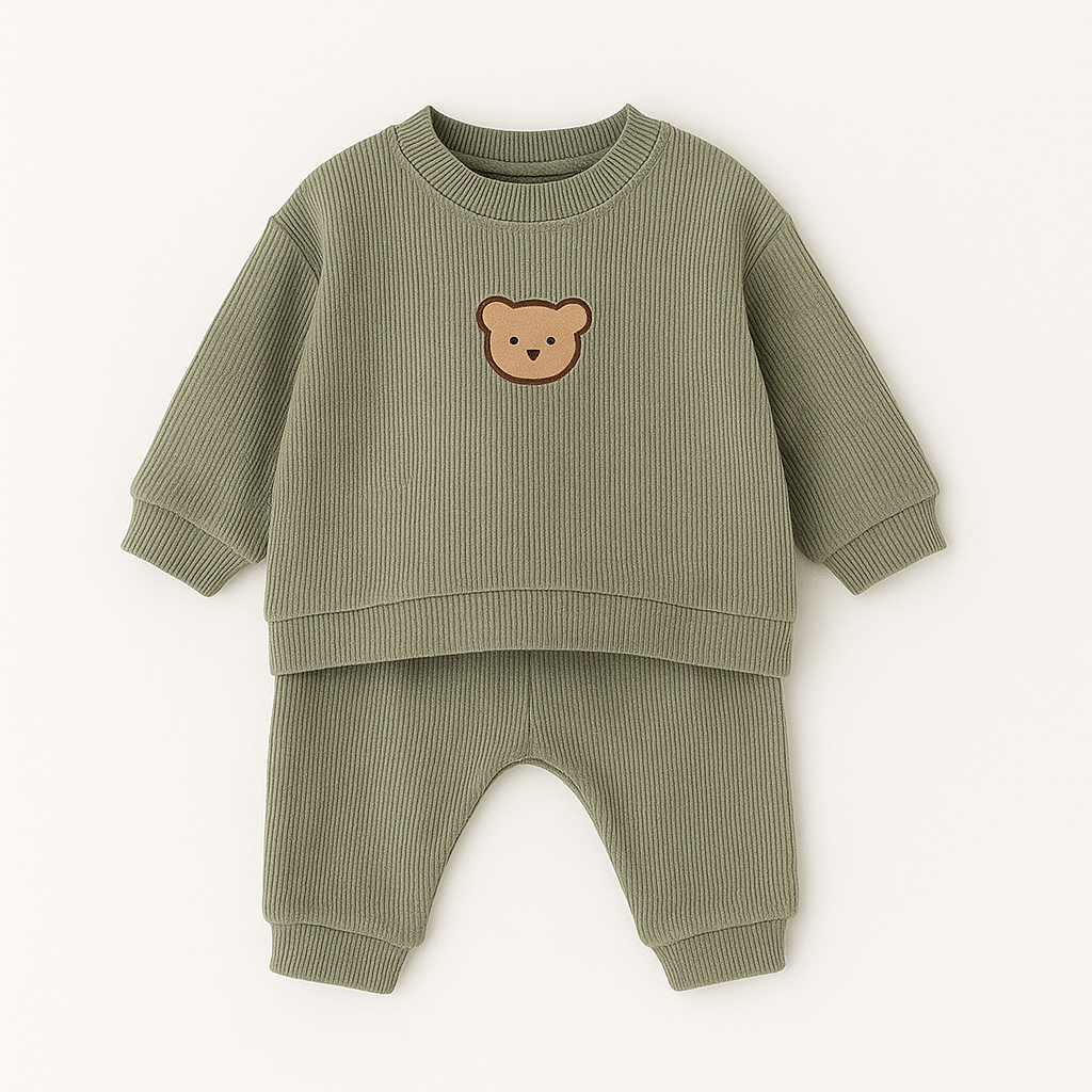 2-piece Pullover Baby Tracksuit with Bear Embroidery - Khaki