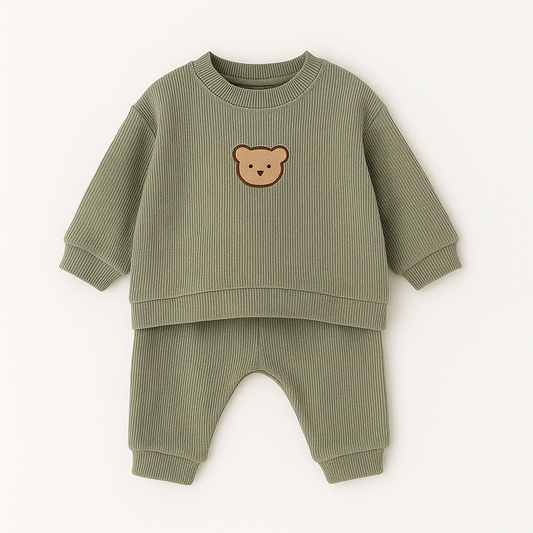 2-piece Pullover Baby Tracksuit with Bear Embroidery - Khaki