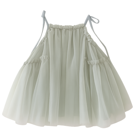 Tulle Party Dress with Ribbon Straps - Green