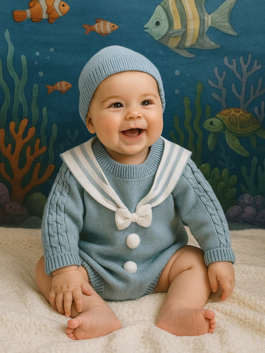 Baby wearing a blue knitted outfit with a sailor collar, sitting against an underwater-themed backdrop.