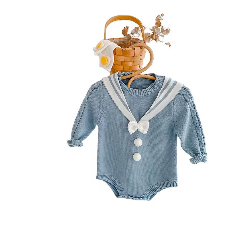 Sailor Knit Romper with Bow Detail - Blue