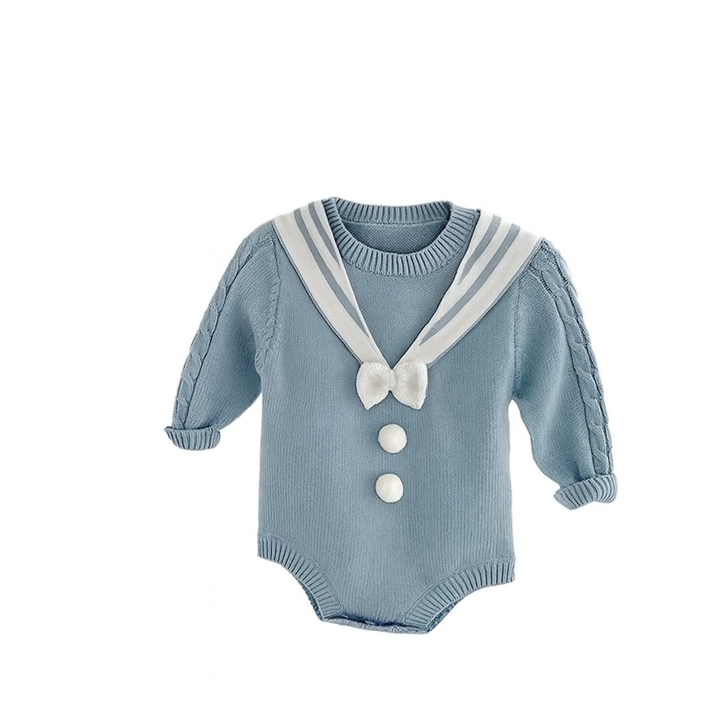 Sailor Knit Romper with Bow Detail - Blue