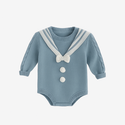 Sailor Knit Romper with Bow Detail - Blue