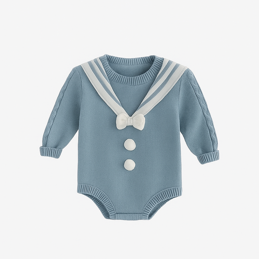 Sailor Knit Romper with Bow Detail - Blue