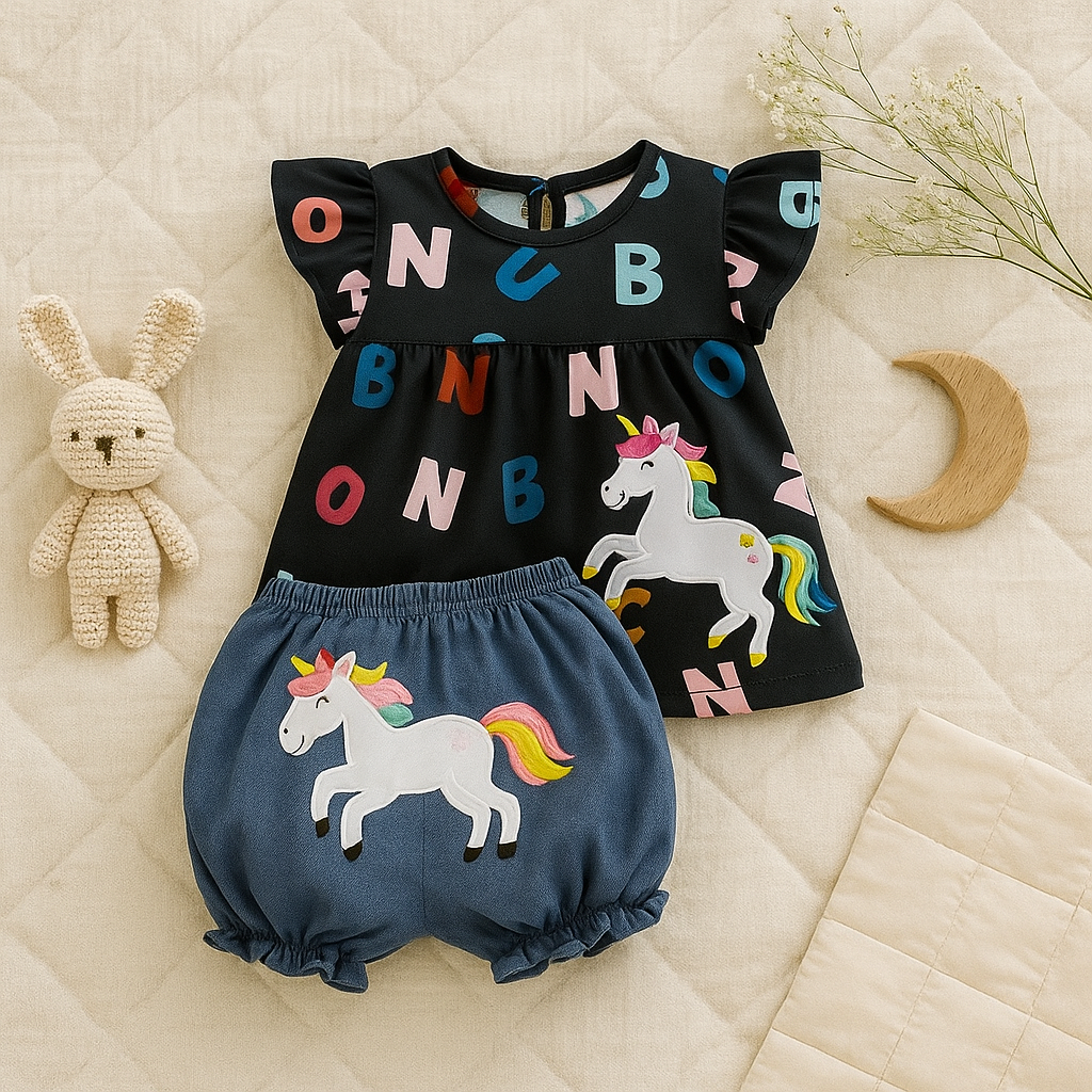Baby Girl Black/Pink Shorts Set - Magical Unicorn