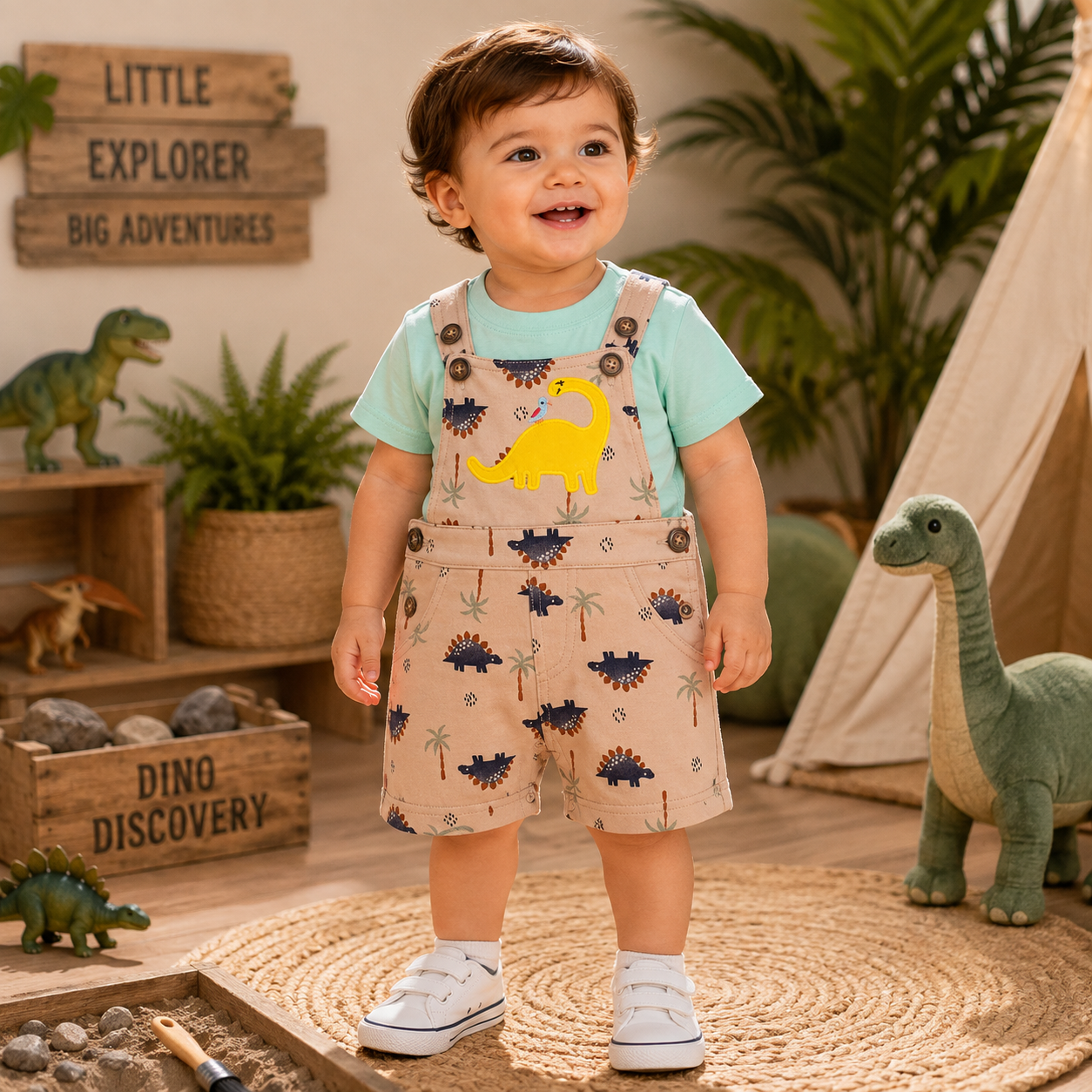 Toddler wearing a mint T-shirt and sand dinosaur-print shortall with yellow dinosaur appliqué in a prehistoric safari setting from Lullaby Threads.