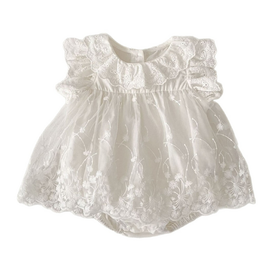 Lace Romper Dress with Ruffle Sleeves - White