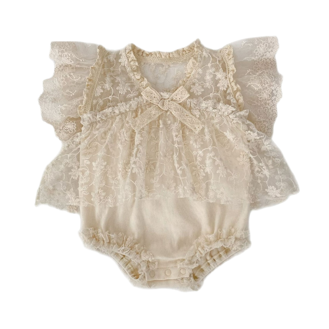 Lace Romper Dress with Ruffle Sleeves & Bow - Apricot