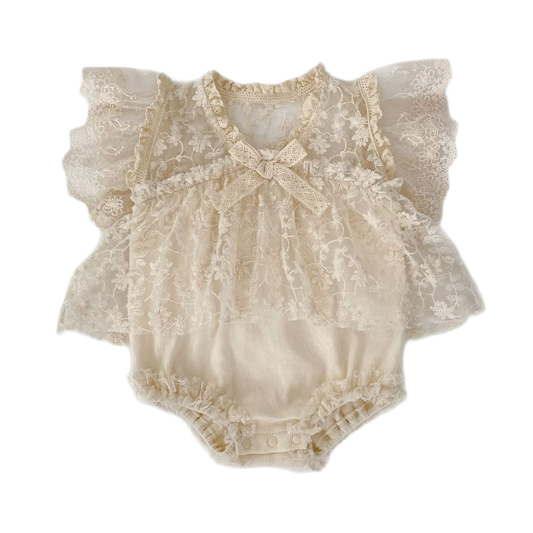 Lace Romper Dress with Ruffle Sleeves & Bow - Apricot
