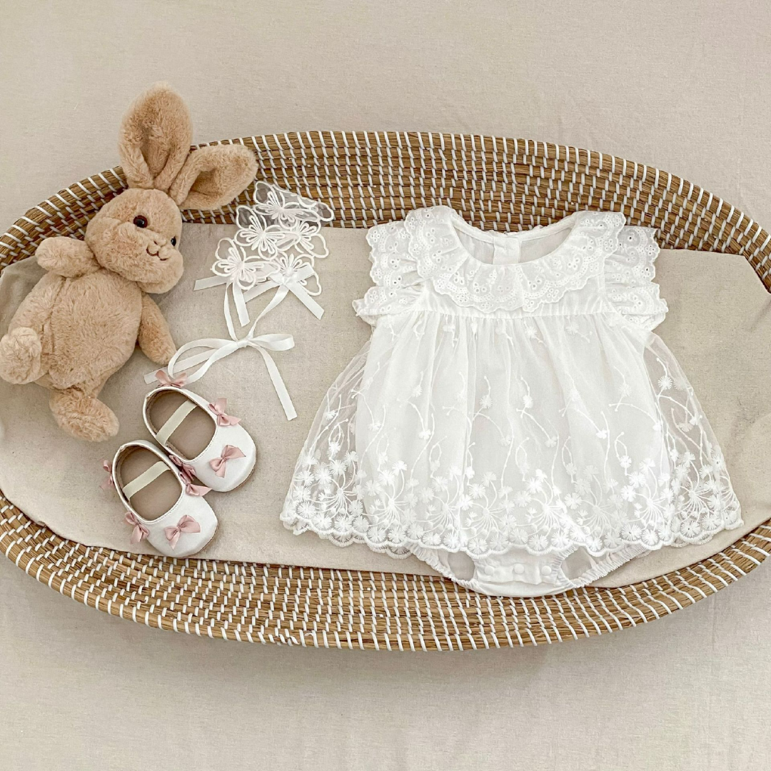 Lace Romper Dress with Ruffle Sleeves - White