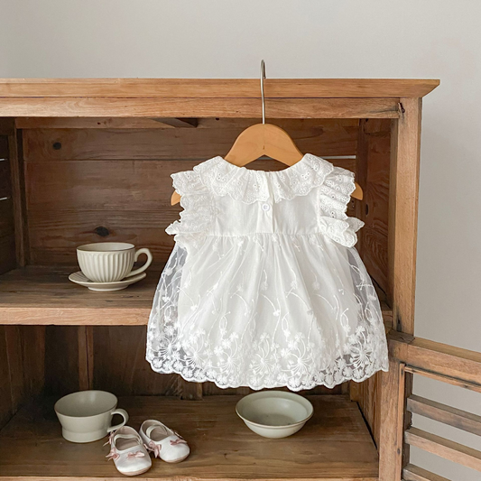 Lace Romper Dress with Ruffle Sleeves - White