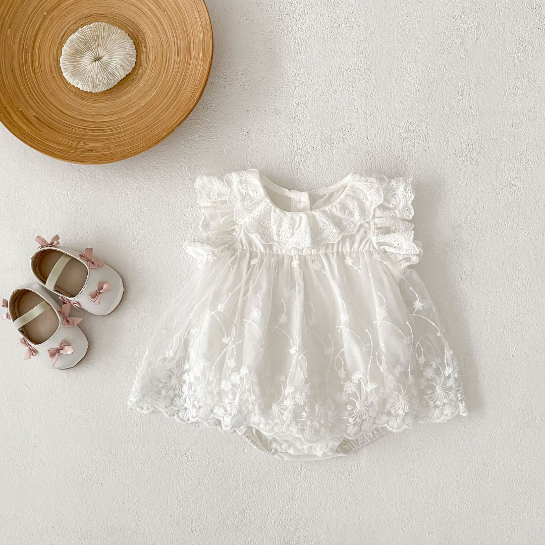 Lace Romper Dress with Ruffle Sleeves - White