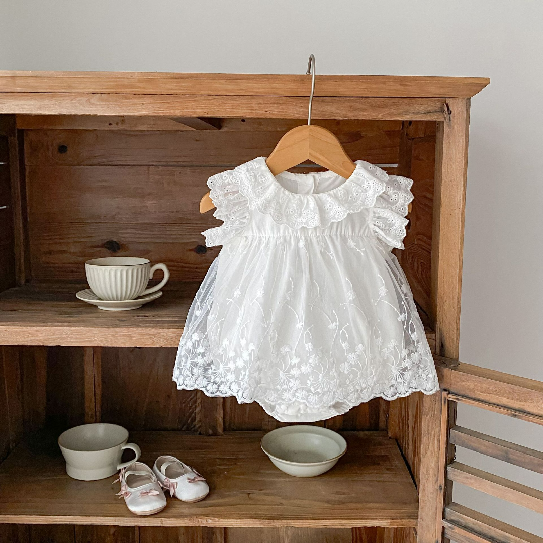 Lace Romper Dress with Ruffle Sleeves - White