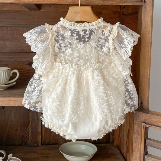 Lace Romper Dress with Ruffle Sleeves & Bow - Apricot