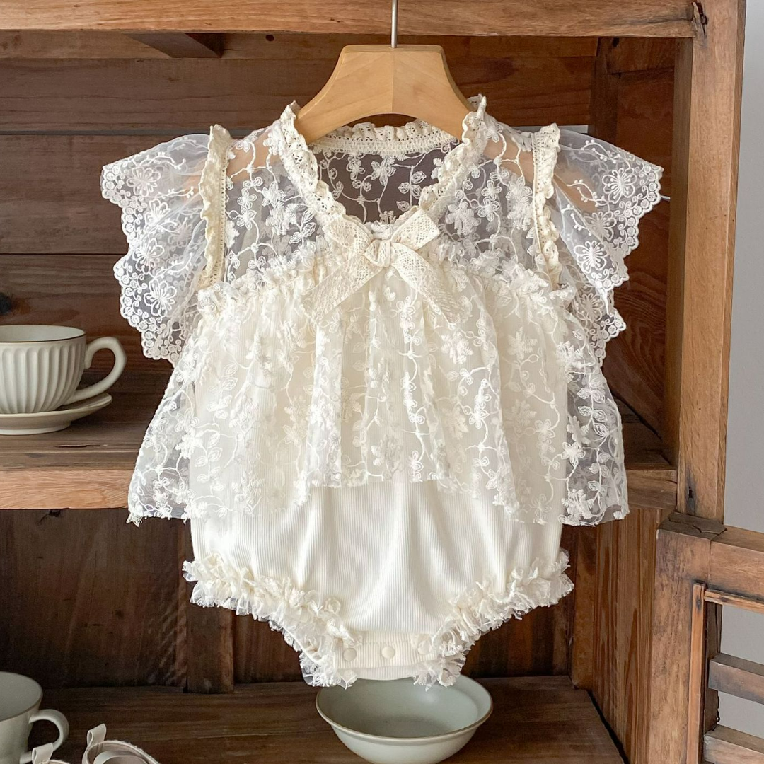 Lace Romper Dress with Ruffle Sleeves & Bow - Apricot