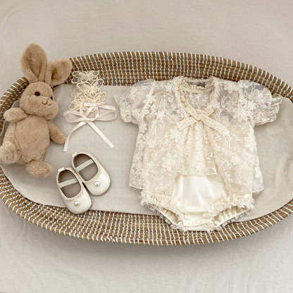 Lace Romper Dress with Ruffle Sleeves & Bow - Apricot