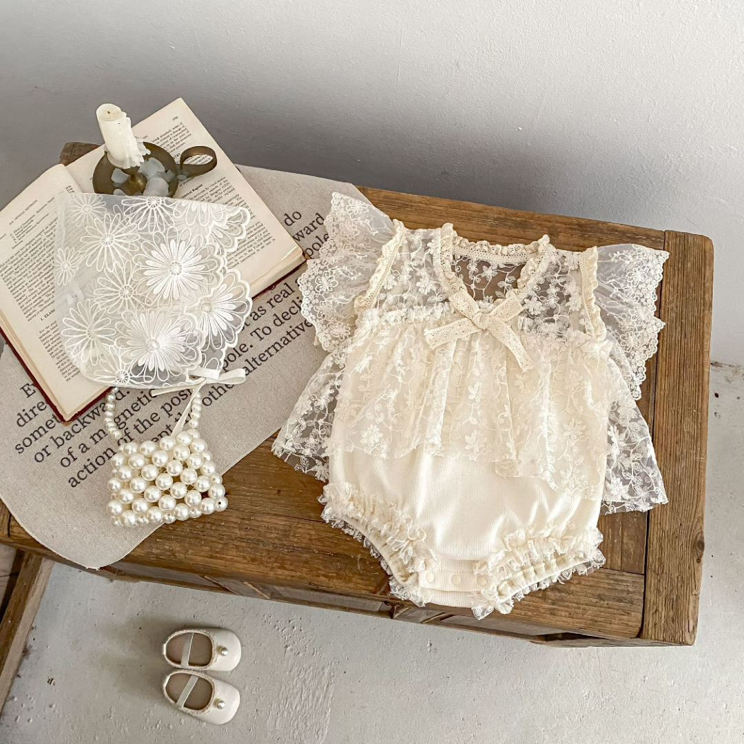 Lace Romper Dress with Ruffle Sleeves & Bow - Apricot