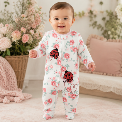 Baby wearing a white floral polar fleece footed romper with ladybug appliqué in a soft pastel nursery from Lullaby Threads.