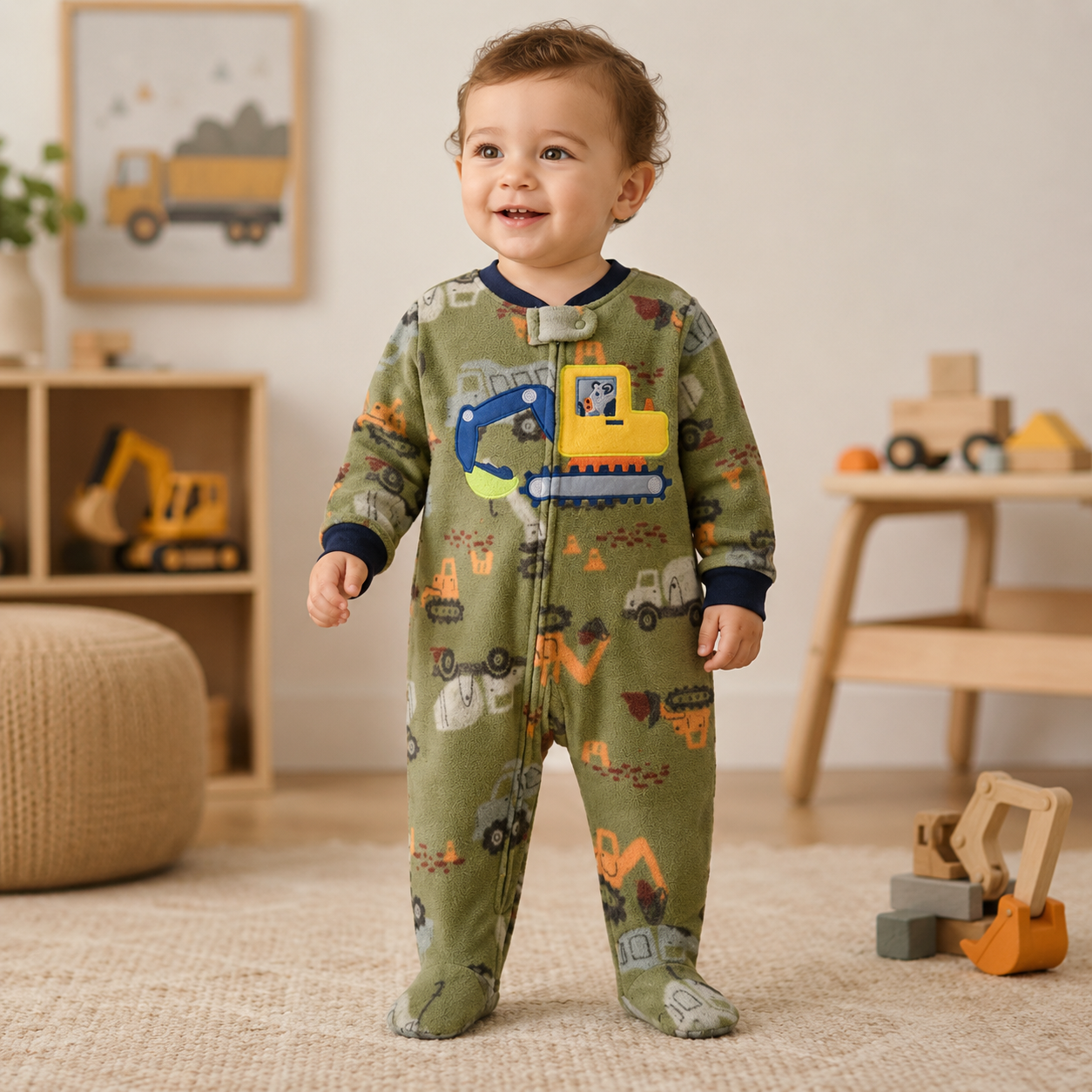 Baby wearing an olive green construction-print polar fleece footed romper with excavator appliqué in a builder-themed playroom from Lullaby Threads.