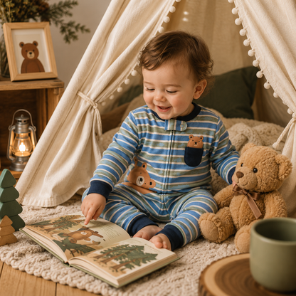 Baby wearing the Little Explorer Bear Baby Romper from Lullaby Threads while reading a woodland storybook inside a cosy teepee nursery with a teddy bear.