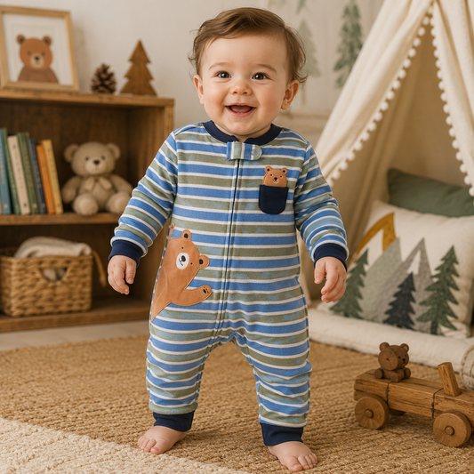 A smiling baby stands barefoot on a woven rug in a cozy nursery, wearing a footed one-piece sleeper with blue and gray horizontal stripes, a dark navy collar and cuffs, and a brown bear face graphic on the chest.