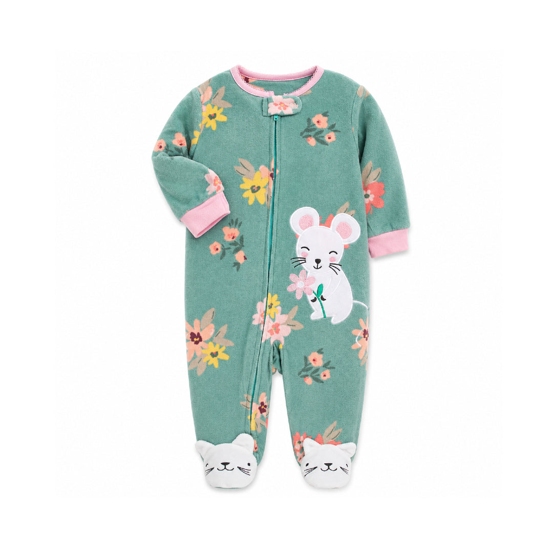 A baby's long-sleeve footed sleeper in sage green, decorated with a floral pattern, a white mouse character holding a pink flower, and white cat faces on the toes. The sleeper has pink trim on the collar, cuffs, and zipper line, and is photographed flat on a white background.
