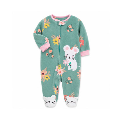 A baby's long-sleeve footed sleeper in sage green, decorated with a floral pattern, a white mouse character holding a pink flower, and white cat faces on the toes. The sleeper has pink trim on the collar, cuffs, and zipper line, and is photographed flat on a white background.