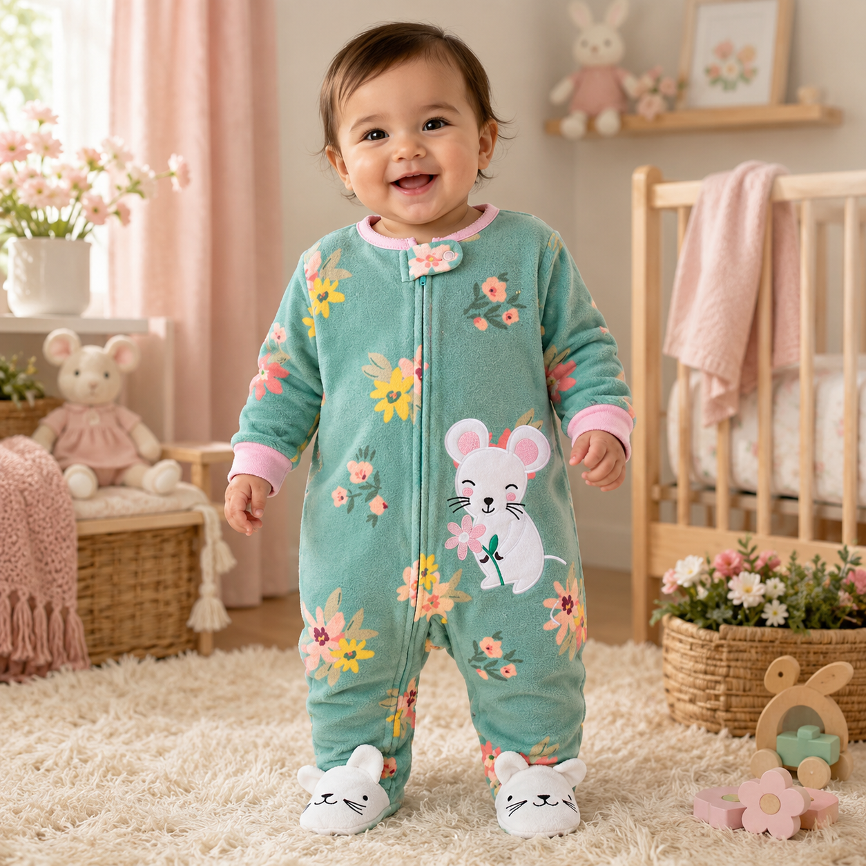 Baby wearing a teal floral polar fleece footed romper with white mouse appliqué and character footies in a soft garden nursery from Lullaby Threads.