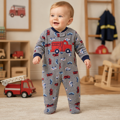 Baby wearing a grey rescue-vehicle polar fleece footed romper with red fire truck appliqué in a cosy nursery setting from Lullaby Threads.