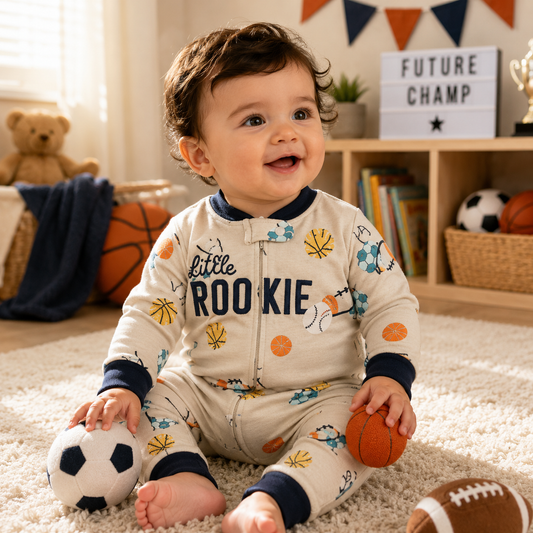Baby wearing the Little Rookie Sports Baby Zip Romper in oatmeal with playful sports prints while enjoying playtime in a modern nursery from Lullaby Threads.