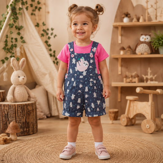 Toddler girl wearing a pink T-shirt and navy sloth-print shortall with a large sloth appliqué in a woodland-inspired setting from Lullaby Threads.