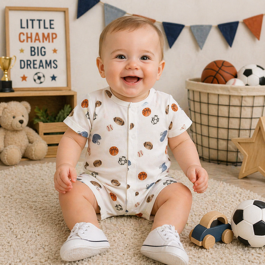Baby wearing an off-white sports romper with football, basketball, and soccer prints sitting in a sporty playroom with toys and decor.