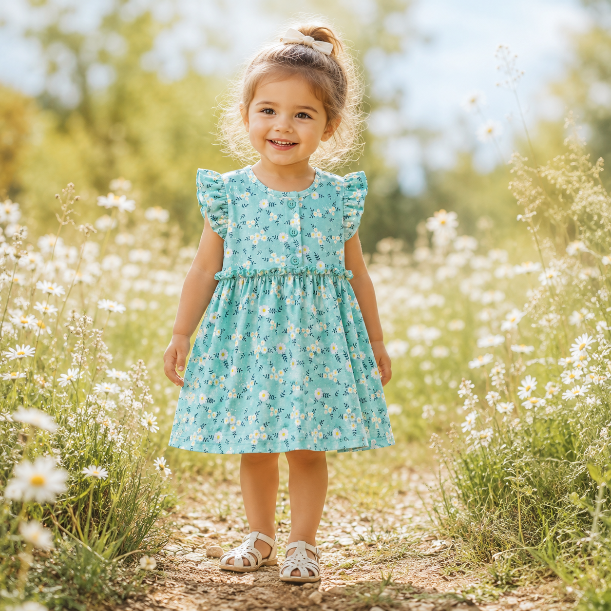 Toddler wearing a mint-aqua cotton summer dress with white daisy print, flutter sleeves, button neckline and gathered skirt from Lullaby Threads.